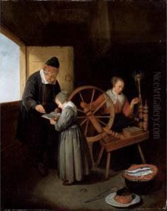 Interior With A School Master
Teaching A Young Girl To Read Another Girl At A
Spinning Wheel by Quiringh Gerritsz. van Brekelenkam