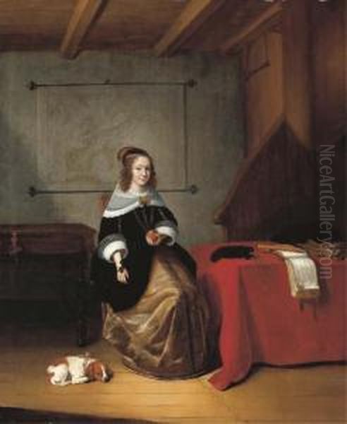 An Interior With A Woman Seated
Holding An Orange By A Drapedtable, A Dog At Her Side, A Map Of Europe
And A Spinet Behind - view 1