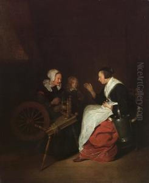 A Cottage Interior With A Woman At A Spinning Wheel With A Young Boy And A Maid - view 1