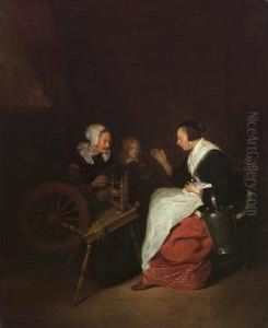 A Cottage Interior With A Woman At A Spinning Wheel With A Young Boy And A Maid