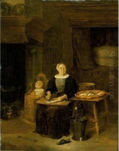 An Interior With A Woman Scaling
 Fish Together With A Child In A High Chair Near A Fireplace, A Bed In 
The Background by Quiringh Gerritsz. van Brekelenkam
