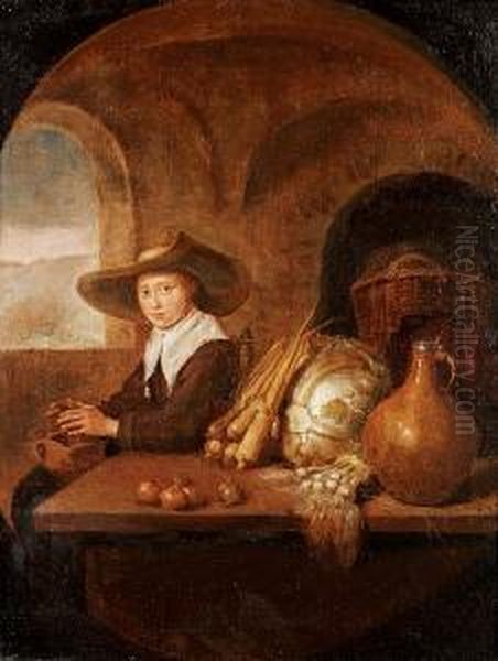A Young Woman Selling Vegetables Warming Her Hands On A Brazier - view 1