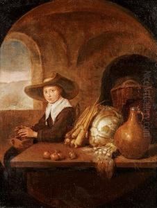A Young Woman Selling Vegetables Warming Her Hands On A Brazier by Quiringh Gerritsz. van Brekelenkam