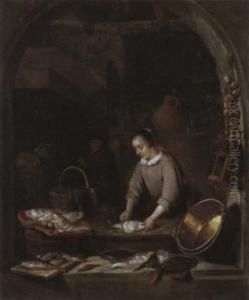 Kucheninterieur Mit Fischschneidender Magd
