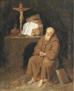 A Hermit Seated By An Altar In A Grotto A Hermit Seated By An Altar In A Grotto