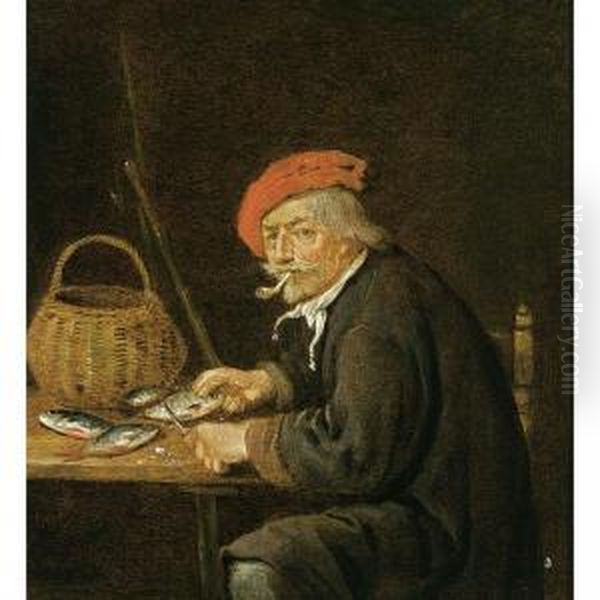 A Man Scaling Fish On A Table Together With A Basket And His Fishing Rod - view 1