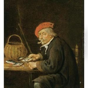 A Man Scaling Fish On A Table Together With A Basket And His Fishing Rod by Quiringh Gerritsz. van Brekelenkam