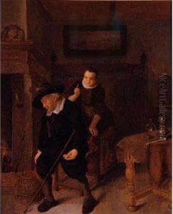 Interior Scene With A Woman Stealing From A Sleeping Man