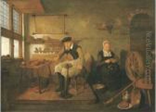 The Interior Of A Cobbler's Workshop, With A Cobbler At Work And A Woman Peeling Onions - view 1