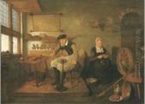 The Interior Of A Cobbler's Workshop, With A Cobbler At Work And A Woman Peeling Onions