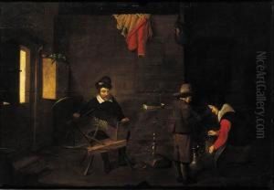 A Man At The Spinning-wheel In An Interior by Quiringh Gerritsz. van Brekelenkam