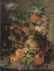 Peaches, Plums, Grapes, Lemons, A
Melon, A Pineapple And Rosehipson A Stone Ledge With A Bee by Paul-Theodor Van Brussel