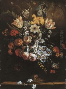 Flowers In A Sculpted Vase On A Stone Ledge
