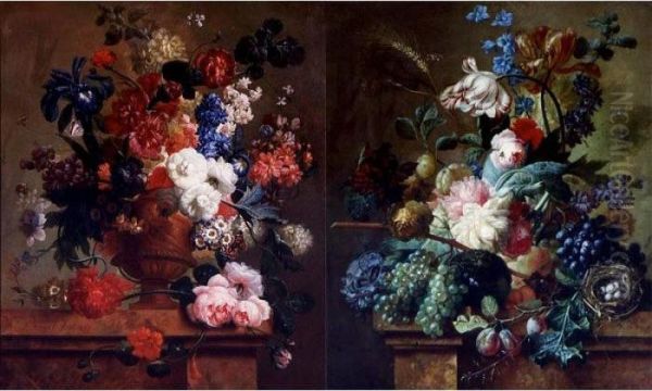 Still Lifes Of Flowers And Fruits On A Marble Ledge: A Pair Of Paintings - view 1