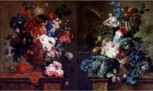 Still Lifes Of Flowers And Fruits On A Marble Ledge: A Pair Of Paintings
