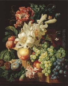 Lilies, Carnations And A Poppy In A Basket With Grapes by Paul-Theodor Van Brussel