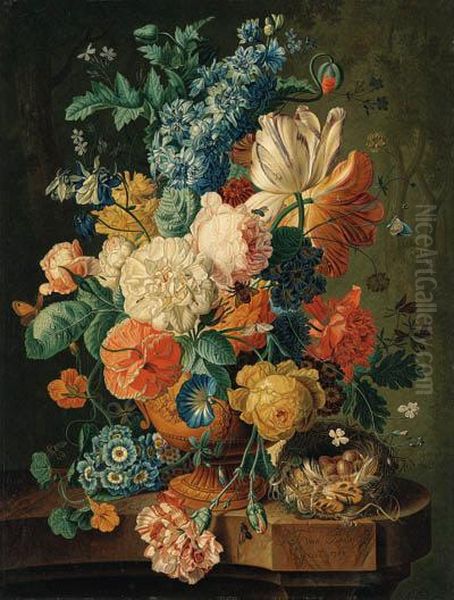 Tulips, Hollyhocks, Poppies, 
Carnations And Other Flowers In Anurn, With A Tortoiseshell Butterfly, 
Corn, A Walnut, And Hazelnutson A Marble Ledge; And Grapes, Corn, 
Peaches, Plums, Raspberries,tulips, Roses, Morning Glory And Other 
Flowers, Butte - view 1