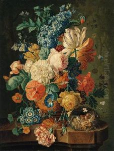 Tulips, Hollyhocks, Poppies, 
Carnations And Other Flowers In Anurn, With A Tortoiseshell Butterfly, 
Corn, A Walnut, And Hazelnutson A Marble Ledge; And Grapes, Corn, 
Peaches, Plums, Raspberries,tulips, Roses, Morning Glory And Other 
Flowers, Butte
