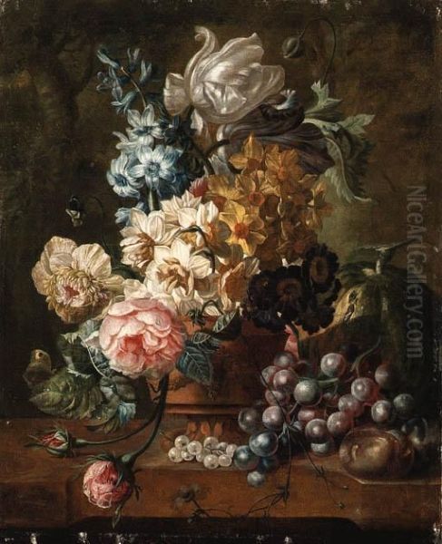 Roses, Tulips, A Hyacinth And
Other Flowers In A Terracotta Vasewith A Melon, Grapes And Plums On A
Marble Ledge - view 1