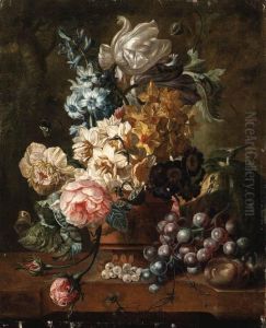 Roses, Tulips, A Hyacinth And 
Other Flowers In A Terracotta Vasewith A Melon, Grapes And Plums On A 
Marble Ledge