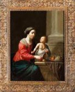 Vierge A L'enfant Avec Un Plat De Fruits Sur Un Entablement by Jan Van Bijlert