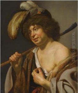 A Shepherd, Wearing A Plumed Hat, Holding A Staff In His Righthand
