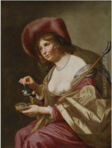 A Young Shepherdess, Seated 
Three-quarter Length, Wearing A Redand Yellow Dress And A Wide-brimmed 
Hat, Holding A Staff And Abird's Nest With Three Small Birds