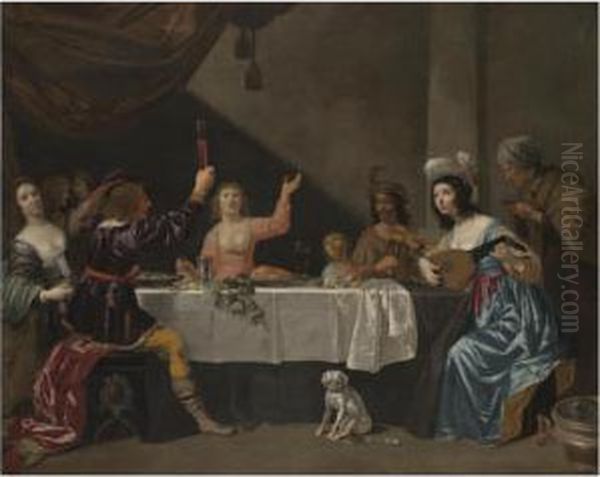 An Interior Scene With Musicians And Elegant Figures Dining - view 1