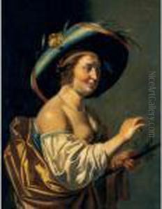 A Shepherdess, Half Length, 
Wearing A Large Blue Hat Decorated With An Iris And Holding A Staff