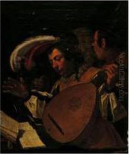 A Concert: A Young Man Playing A Lute And Singing With Two Companions by Jan Van Bijlert