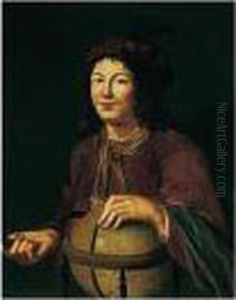 Portrait Of A Young Man, 
Probably Democritus, Three-quarter Length, Wearing Red With A Plumed 
Hat, Holding A Globe
