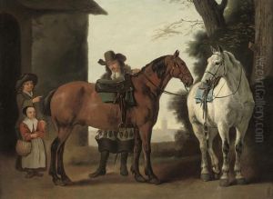 A Soldier With Two Horses And Children In A Courtyard by Abraham Van Calraet