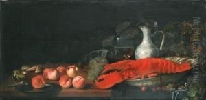 Shells And Peaches On A Draped
Table With A Silver Charger, A Lobster In A Blue Wan-li Kraak Bowl
Surrounded By Grapes, A Roemer And Wine Jug Behind by Abraham Van Calraet
