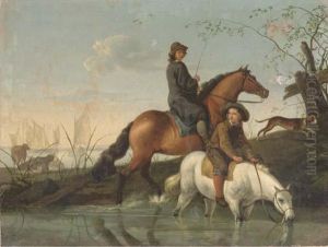 A Man On Horseback With A Boy Watering His Horse In A Stream by Abraham Van Calraet
