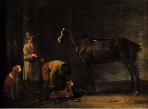 A Stable Interior With A Man Saddling A Horse And Another Man, With A Dog By His Side by Abraham Van Calraet