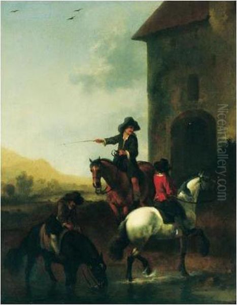 Three Horsemen By A Building In A Landscape - view 1
