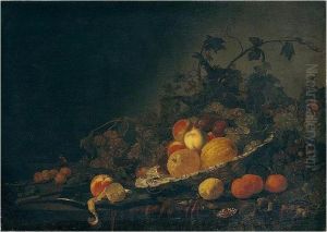 Still Life Of Quinces, Plums, 
Peaches And Grapes In A Silver Salver, Together With A Peach And A 
Peeled Lemon On A Silver Plate, A Knife, Grapes, Oranges, Lemons And 
Apricots On A Table Partly Draped With A Red Cloth by Abraham Van Calraet