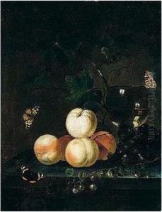Still Life Of Peaches, Grapes,
Vine Leaves And A Roemer, Arranged Upon A Stone Table Top, Together With
Red Admiral Butterflies by Abraham Van Calraet