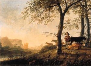 An Evening River Landscape With A
 Cowherd And Cows By The Edge Of Acopse, A Bridge And Ruins Beyond
