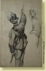 Leporte-drapeau De La Garde 
Civique, Fusain Et Aquarelle Sur Papier.cachet De L'atelier De Camille 
Van Camp En Bas A Gauche. Ecolebelge. (*). Dim.: 96x52 Cm by Camille Van Camp