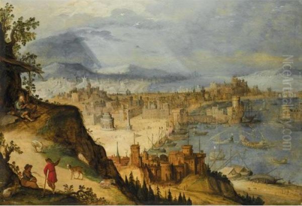 A Panoramic View Of An Imaginary City, With Travellers Resting In The Foreground - view 1