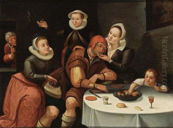 A Peasant Sitting At A Table
Being Courted And Robbed By Three Young Ladies, An Old Spinster In The
Background And A Boy Picking Fruit From The Table - view 1