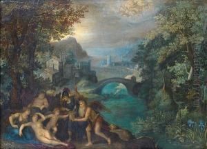 Chronus And Minerva Offering 
Gifts To Venus,with Bacchus And Ceres Before An Open Landscape