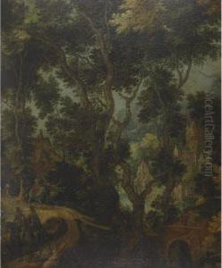 A Wooded River Landscape With 
Elegant Gentlemen On Horseback, A Dogand Country Men With Houses Beyond by Gillis van Coninxloo