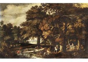 Herbstliche Waldlandschaft Mit Jagdreitern by Gillis van Coninxloo
