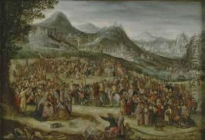 (1544 Antwerpen -amsterdam 1607)
Umkreis. Christus Am Kreuz. Szene Auf Dem Hugel Vongolgatha, Wo Eine
Grose Menschenmenge Um Die Richtstatte Versammeltist. Zwei Kreuze Sind
Schon Aufgestellt, Das Dritte Mit Dem Linkenschacher Wird Gerade
Aufgerich by Gillis van Coninxloo