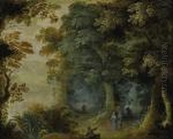 Wooded Landscape With Hunter And Figures Strolling - view 1