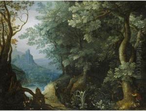 Huntsmen At The Edge Of A Forest A River And Hilltop 			Castle Beyond