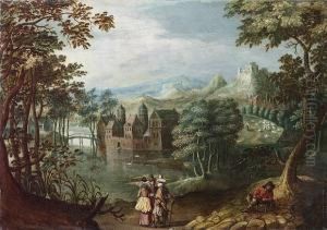 A Wooded River Landscape With 
Elegant Figures Conversing On A Track With A Traveller Resting Beneath A
 Tree, A Manor House Beyond