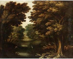 A Wooded Landscape With Two Herons